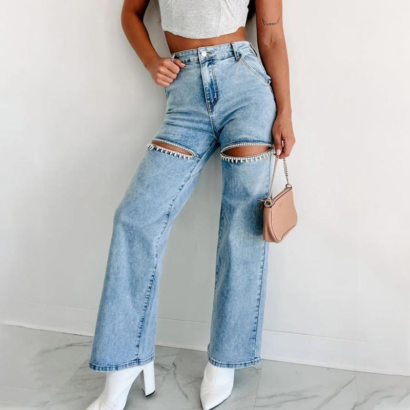 šHot SalešWomenās Rhinestone Ripped Straight-leg Jeans