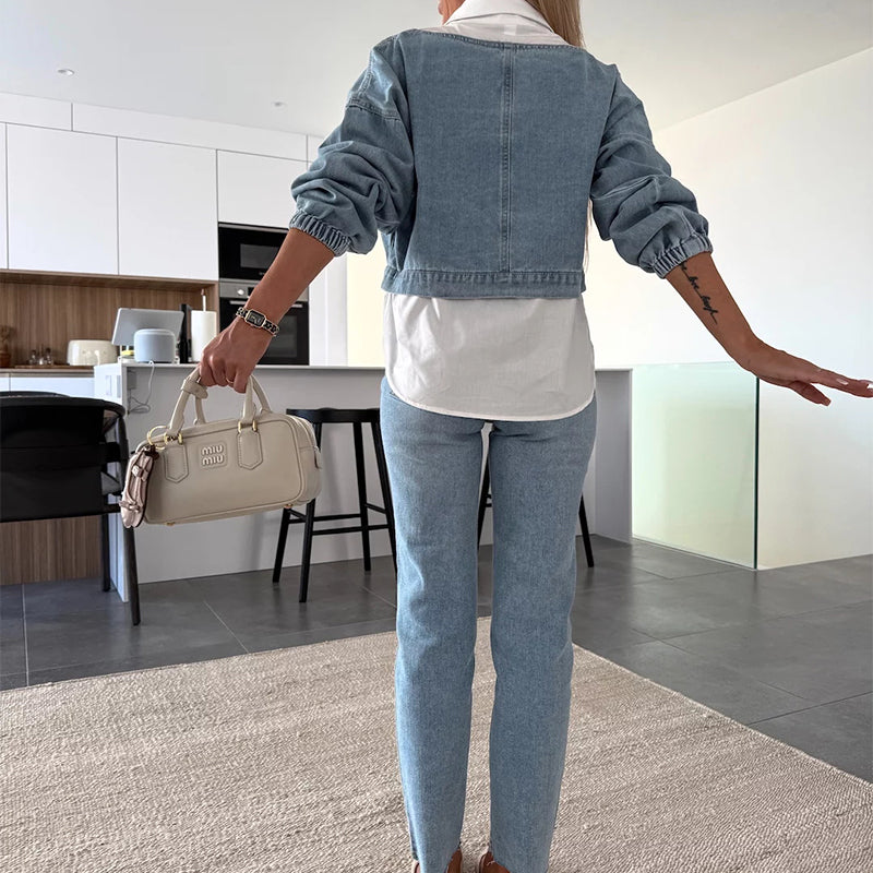💟Women's Fashion Long Sleeve Denim Top & Pants Two Piece Set