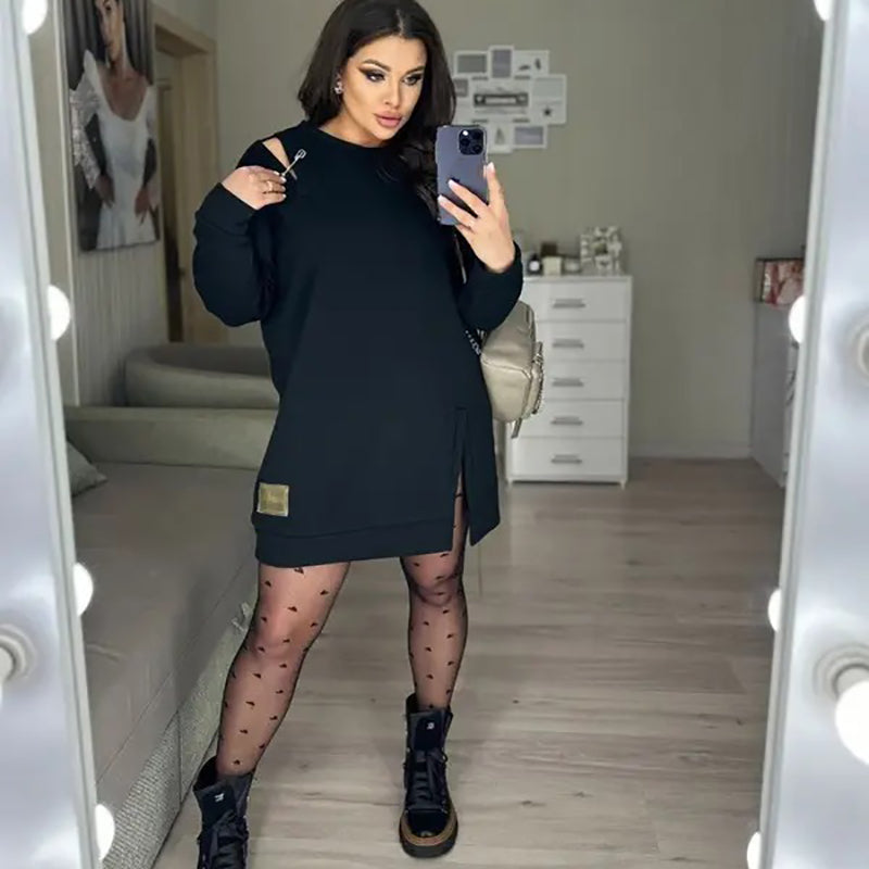 ๐ 2024 Fall New Arrival | Stylish Round-Neck Side-Slit Long-Sleeve Loose Midi Dress โจ