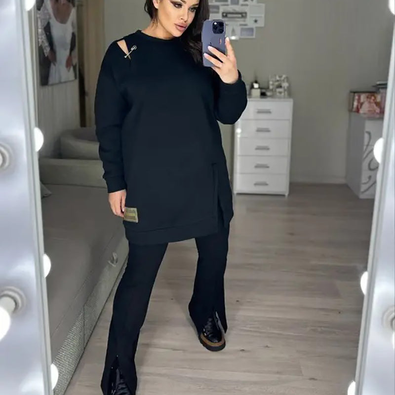 ๐ 2024 Fall New Arrival | Stylish Round-Neck Side-Slit Long-Sleeve Loose Midi Dress โจ