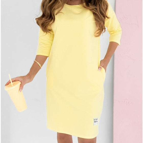 💖Round Neck 3/4 Sleeve Dress with Pockets
