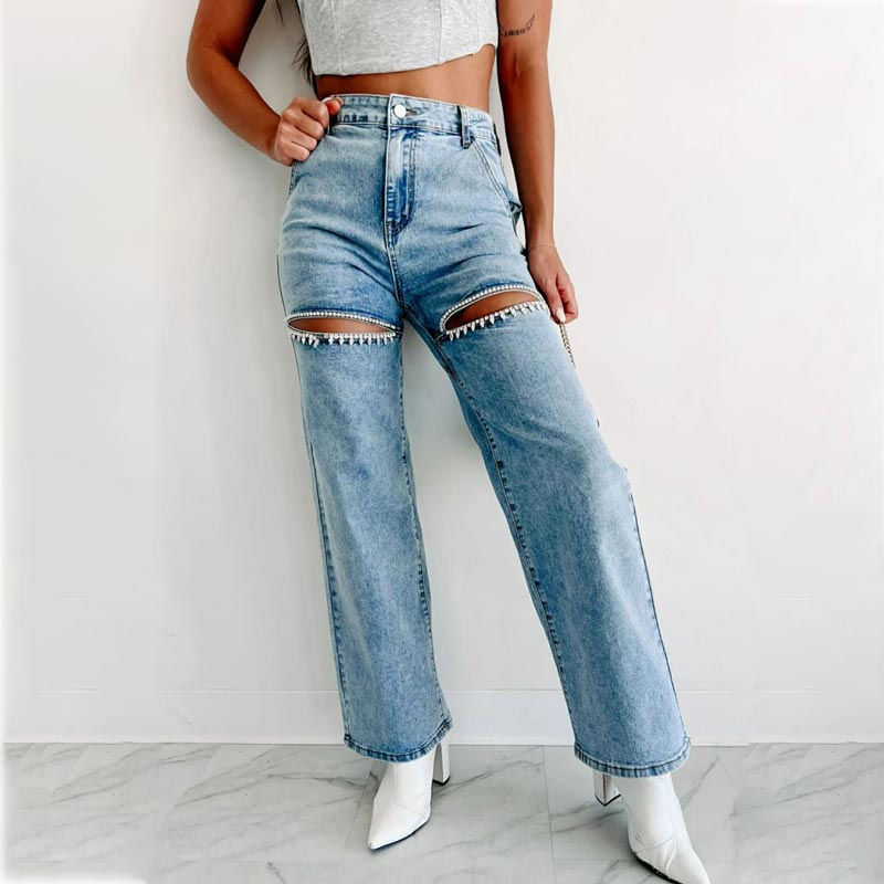 šHot SalešWomenās Rhinestone Ripped Straight-leg Jeans