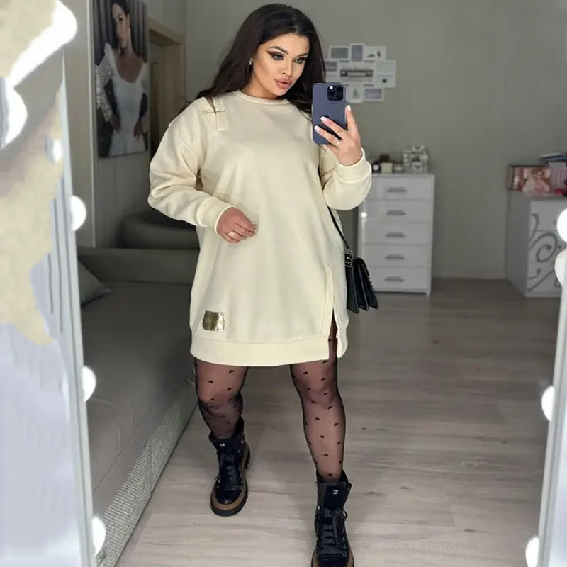 ๐ 2024 Fall New Arrival | Stylish Round-Neck Side-Slit Long-Sleeve Loose Midi Dress โจ