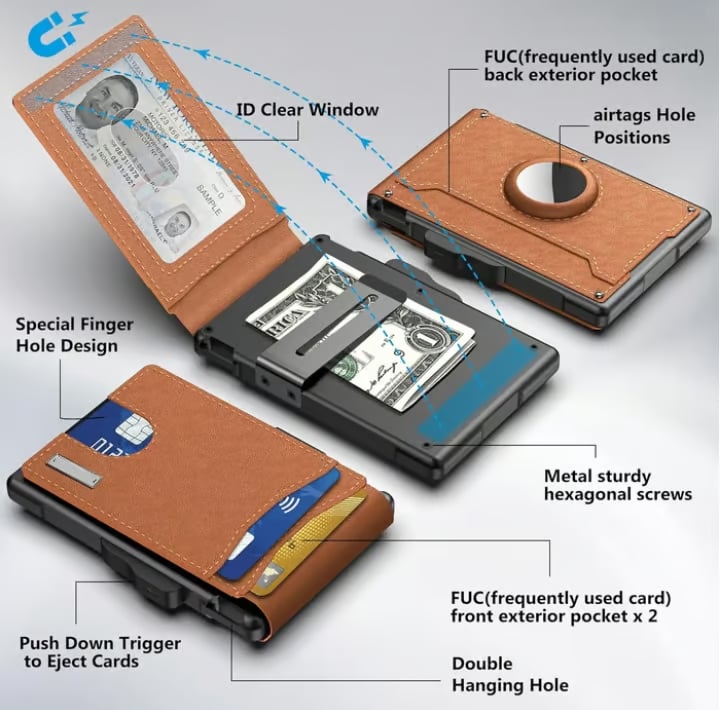 🔥Pop Up Aluminum Case Money Clip Slim Leather Slots Credit Card Holder RFID Blocking Bifold Minimalist Wallet