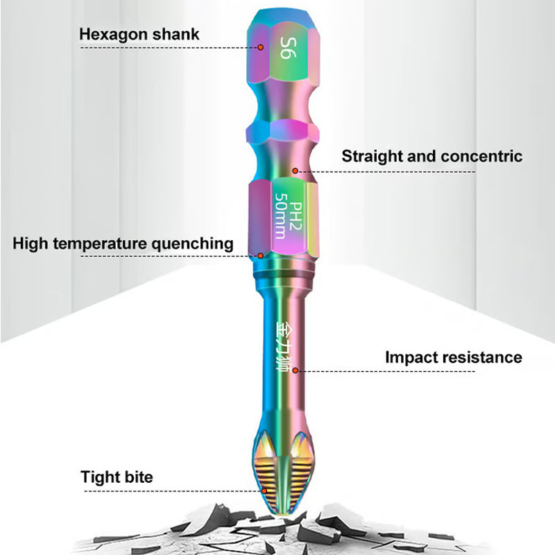 S6 Color Titanium Impact Screwdriver Bit | Ultra-Hard Magnetic | Anti-Slip Cross Head