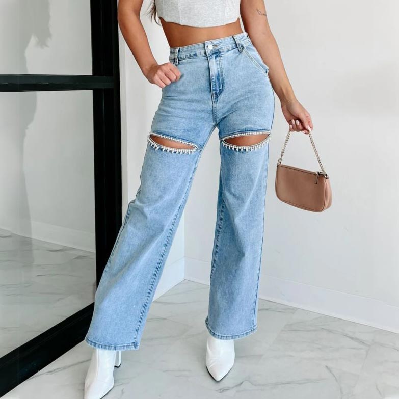 šHot SalešWomenās Rhinestone Ripped Straight-leg Jeans