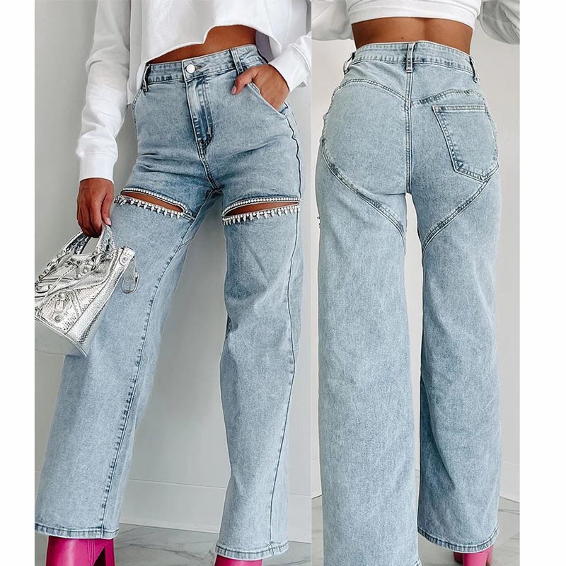 šHot SalešWomenās Rhinestone Ripped Straight-leg Jeans