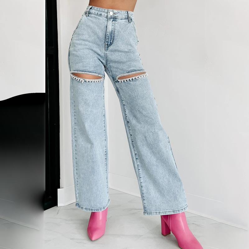 šHot SalešWomenās Rhinestone Ripped Straight-leg Jeans