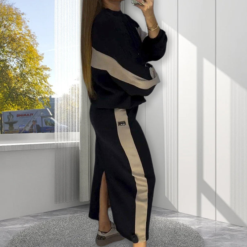 ✨Loose Colorblocking Long Sleeve Top & Split Skirt Set