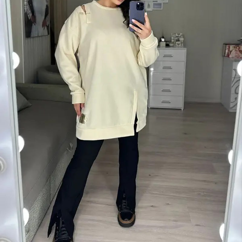 ๐ 2024 Fall New Arrival | Stylish Round-Neck Side-Slit Long-Sleeve Loose Midi Dress โจ