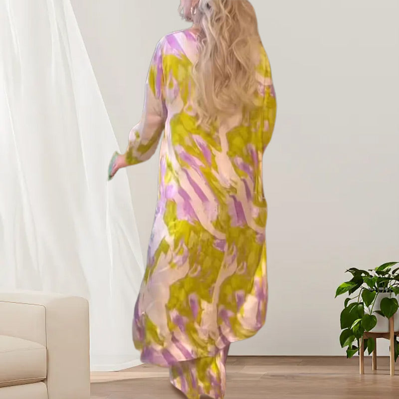 Printed Long Back-Hem Top Loose Pants 2 Piece Set