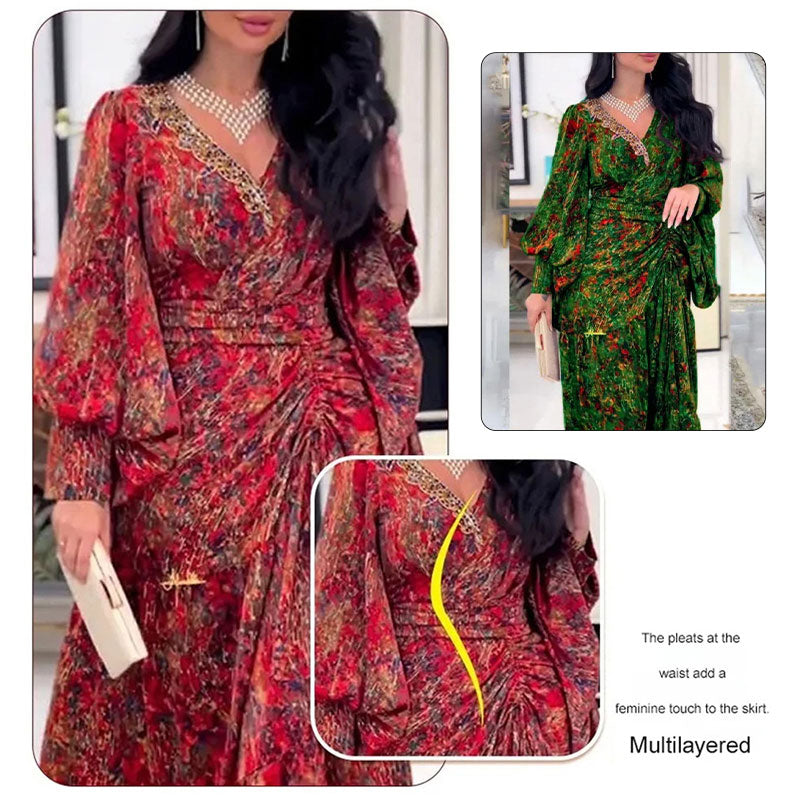 🔥🌷V-neck Dress With Biscuit Sleeves And Print💃