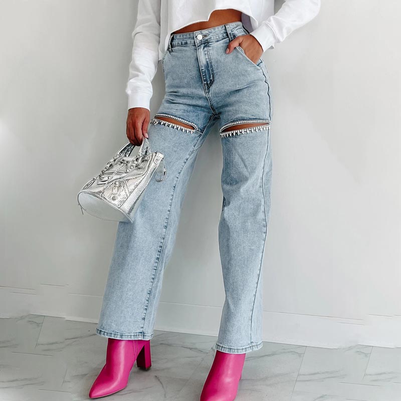 šHot SalešWomenās Rhinestone Ripped Straight-leg Jeans