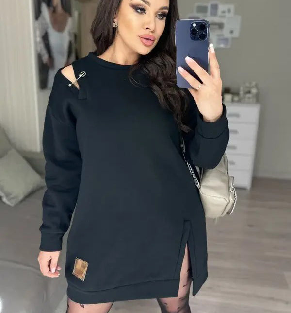 ๐ 2024 Fall New Arrival | Stylish Round-Neck Side-Slit Long-Sleeve Loose Midi Dress โจ