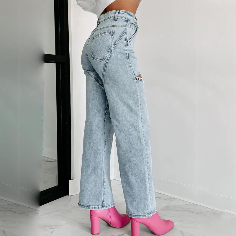 šHot SalešWomenās Rhinestone Ripped Straight-leg Jeans