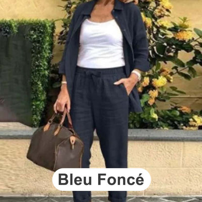 Women's Cotton Linen Long Sleeve Blouse and Pants Set