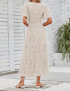 👗Women's Casual Floral Print Short Flutter Sleeve Smocked High Waist Flowy Maxi Dress