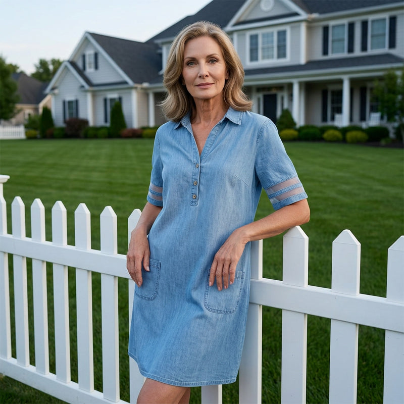 Blue Plain Collared Denim MIni Dress