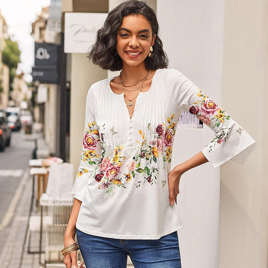 Women's Floral Button V-Neck Pleated 3/4 Sleeve T-Shirt