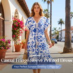 🌼Printed Casual Dress With V-Neckline and Fringes on the Short Sleeves