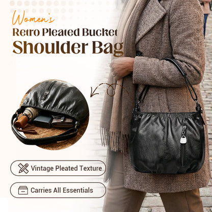 Casual Pleated Bucket Soft Leather Handbag Shoulder Bag