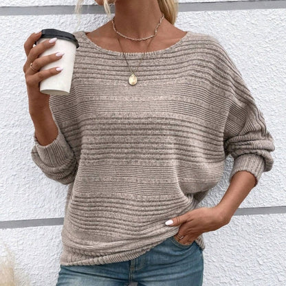 Solid Round-Neck Striped Top with Long Sleeves
