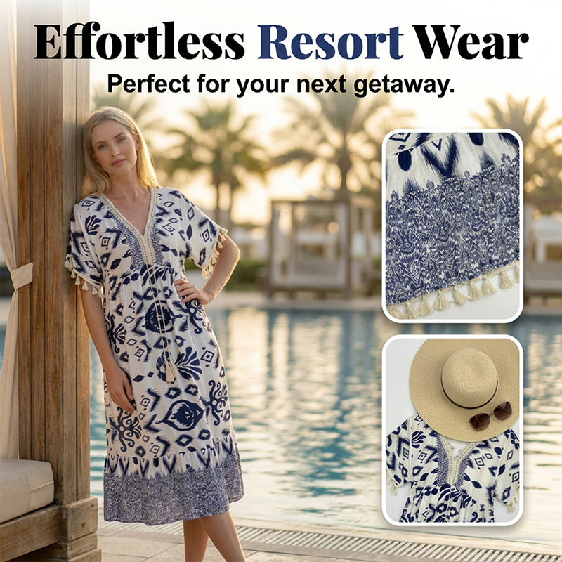 🌼Printed Casual Dress With V-Neckline and Fringes on the Short Sleeves