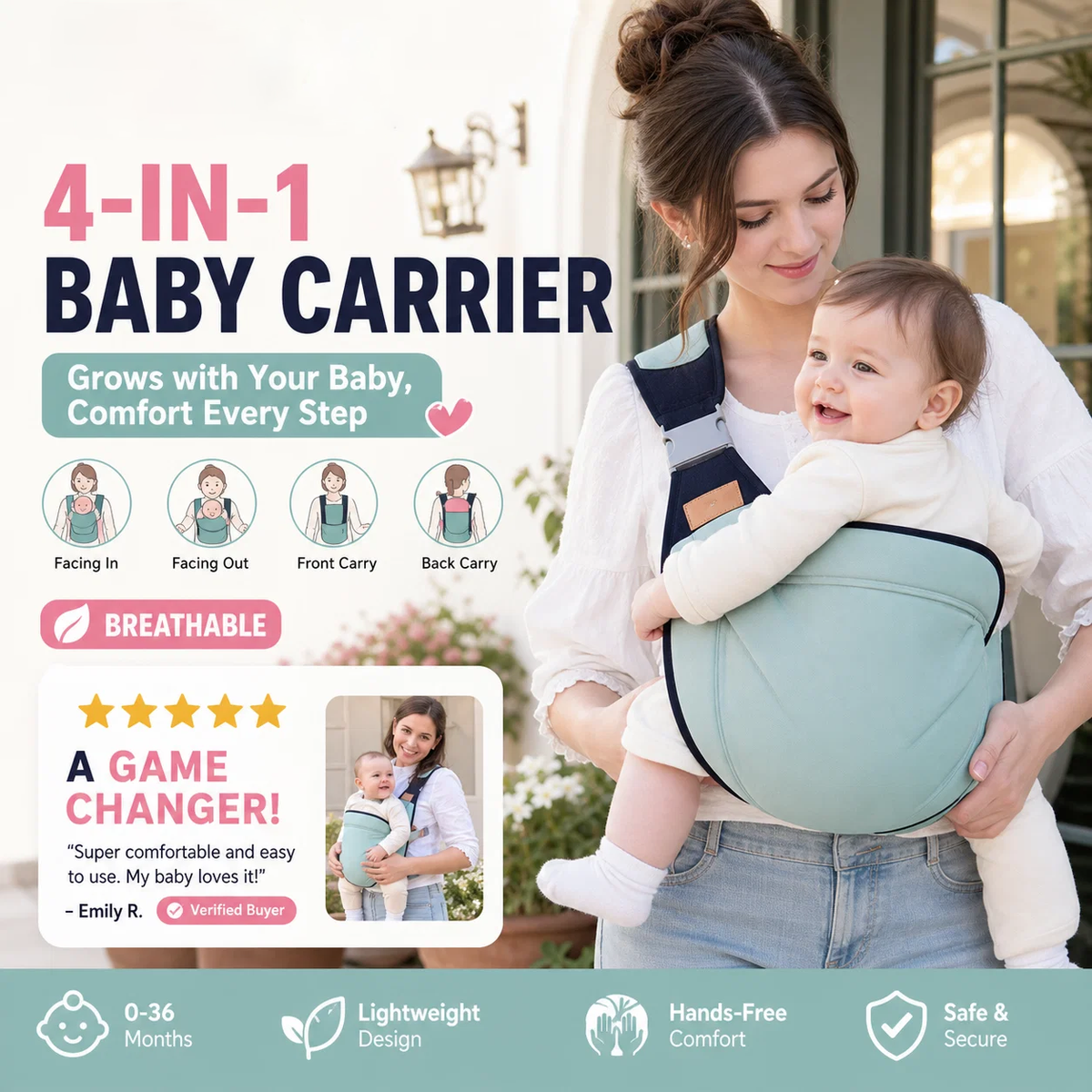 4-in-1 Breathable Baby Carrier – 0-36 Months, Front/Back/Facing In/Out – Hands-Free Comfort for Parent & Baby! ✨