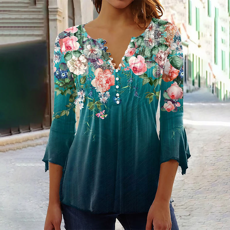 Women's Floral Button V-Neck Pleated 3/4 Sleeve T-Shirt