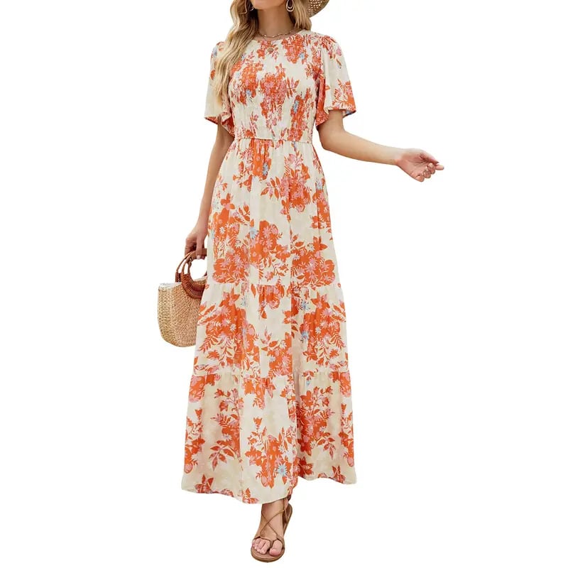 👗Women's Casual Floral Print Short Flutter Sleeve Smocked High Waist Flowy Maxi Dress