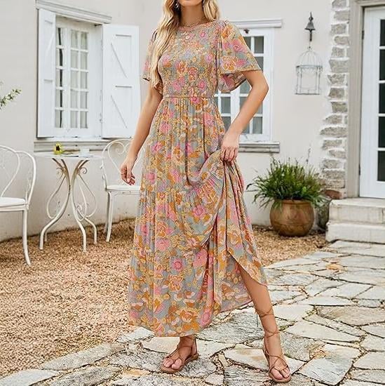 👗Women's Casual Floral Print Short Flutter Sleeve Smocked High Waist Flowy Maxi Dress