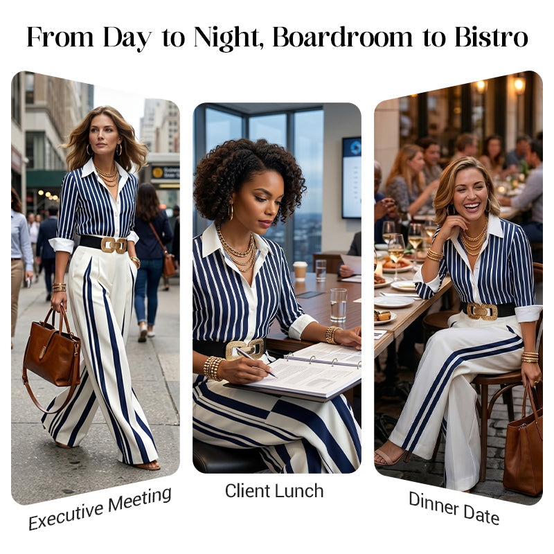 Women's Striped Shirt & Wide-Leg Pants 2-Piece Set