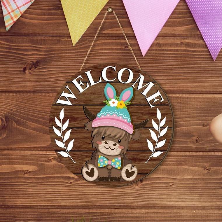 🐇 Easter Sale💥Highland Cow Sign Interchangeable Welcome Sign with Magnet Detachable Hats Cute Cattle Hanging