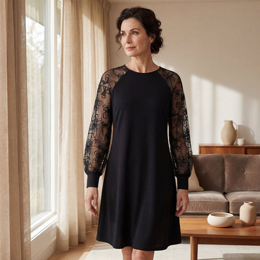 🔥Lace Patchwork Round Neck Long Sleeve Dress