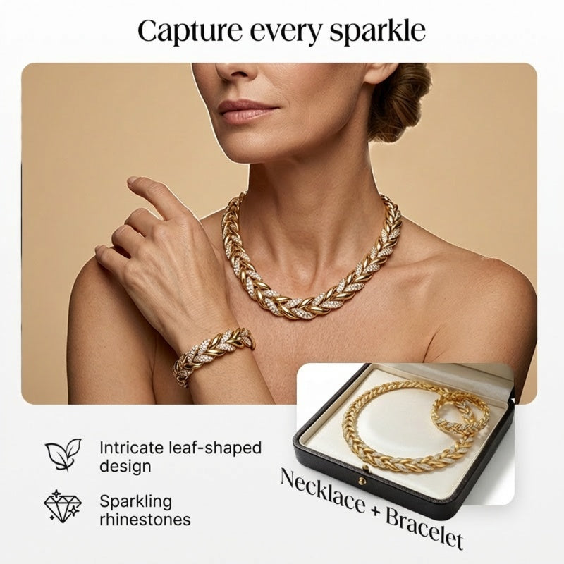 Adjustable Rhinestone Leaf Link Necklace & Bracelet Set