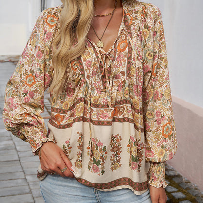 💖Women's Fashion Printed v-Neck Long Sleeve Shirt