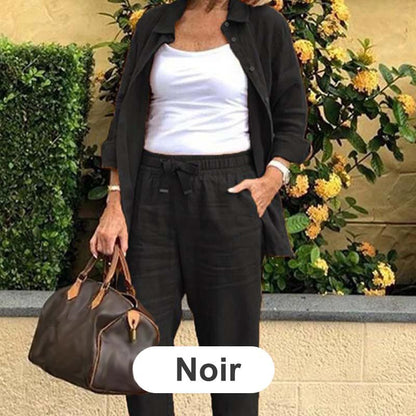 Women's Cotton Linen Long Sleeve Blouse and Pants Set