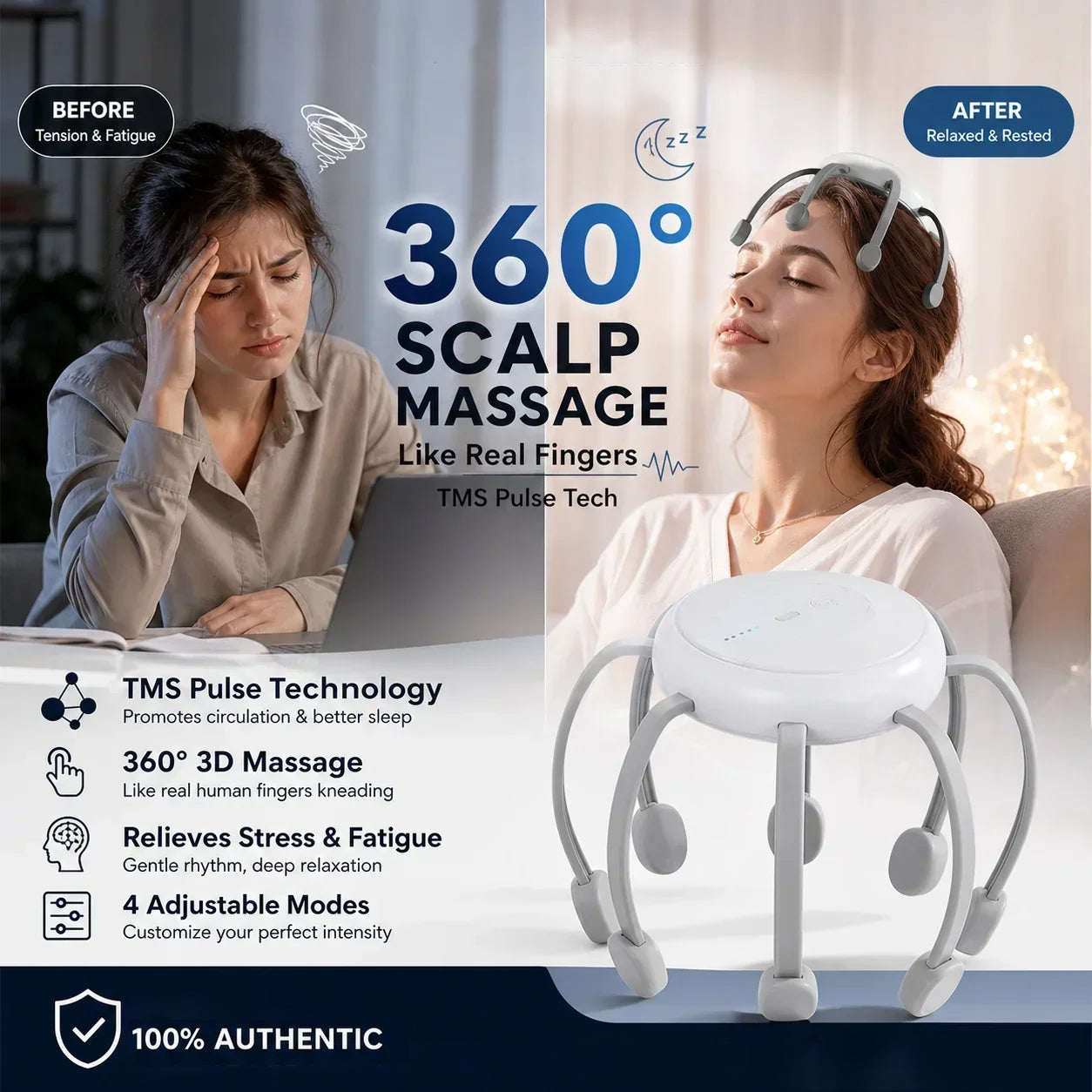 Cordless 8-Point Electric Scalp Massager – 4 Vibration Modes & USB-C Rechargeable