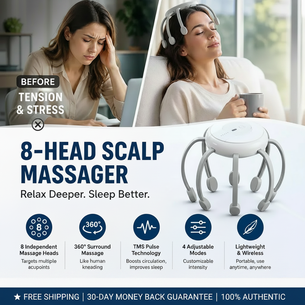 Cordless 8-Point Electric Scalp Massager – 4 Vibration Modes & USB-C Rechargeable