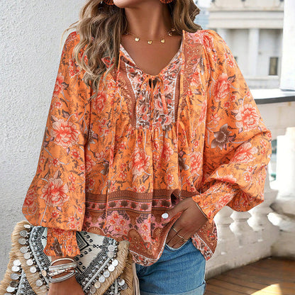 💖Women's Fashion Printed v-Neck Long Sleeve Shirt