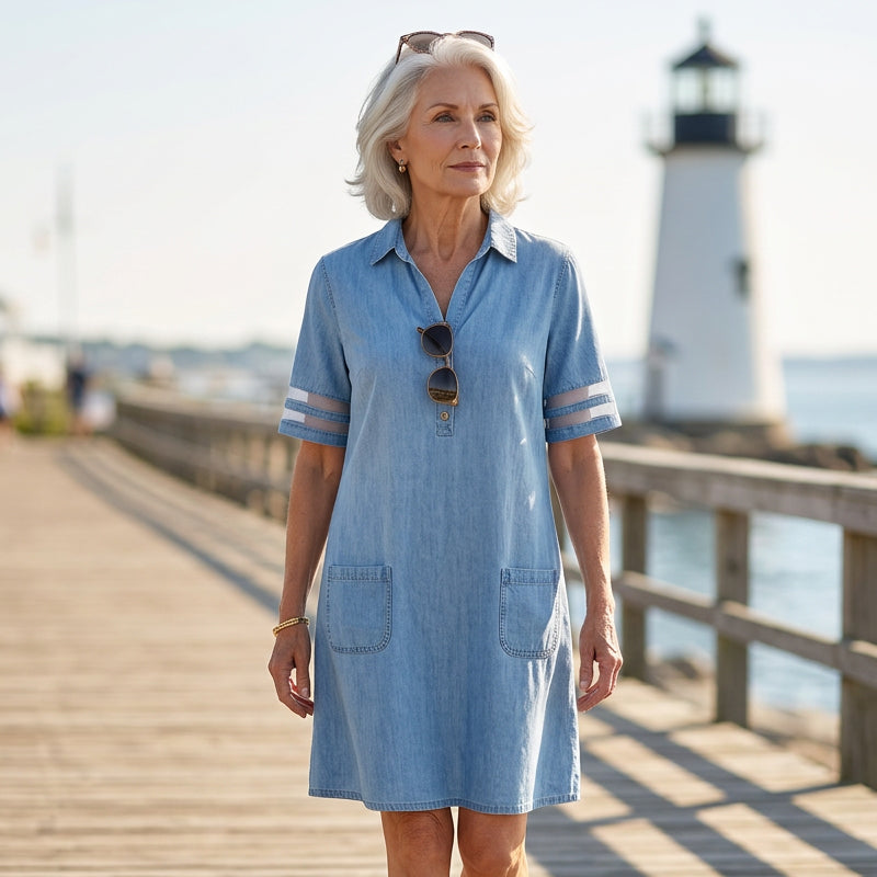 Blue Plain Collared Denim MIni Dress