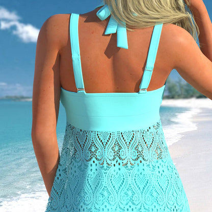 Women's V-Neck Lace Swimdress ＆ Boyshorts Two-Piece Set