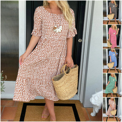 💥Round Neck Polka Dot Print Midi Dress