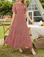 👗Women's Casual Floral Print Short Flutter Sleeve Smocked High Waist Flowy Maxi Dress