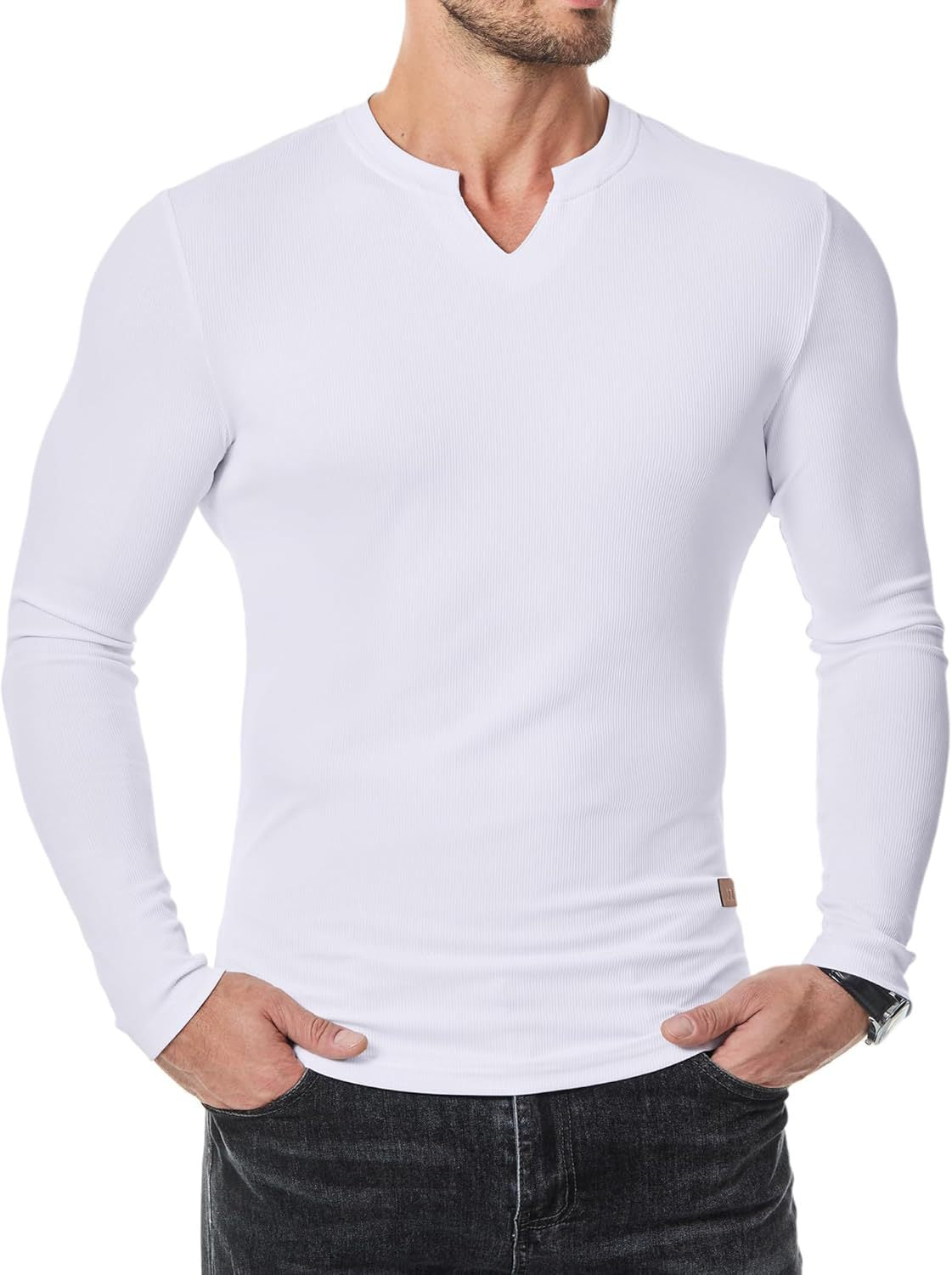 V-Neck Longline Ribbed Tees Shirts Long Sleeve Gym Workout Athletic Menswear Tops