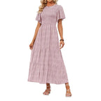👗Women's Casual Floral Print Short Flutter Sleeve Smocked High Waist Flowy Maxi Dress