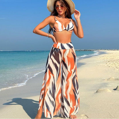 Women's Stylish 3-piece Swimsuit with Bra/ Panties/ High-slit Pants
