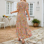 👗Women's Casual Floral Print Short Flutter Sleeve Smocked High Waist Flowy Maxi Dress