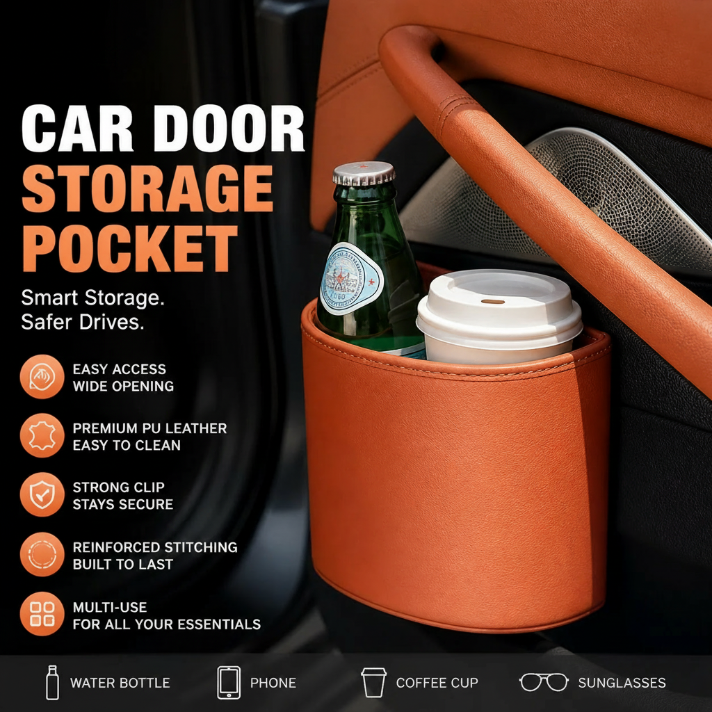 🚗🧺Clip-On PU Leather Car Cup Holder & Organizer