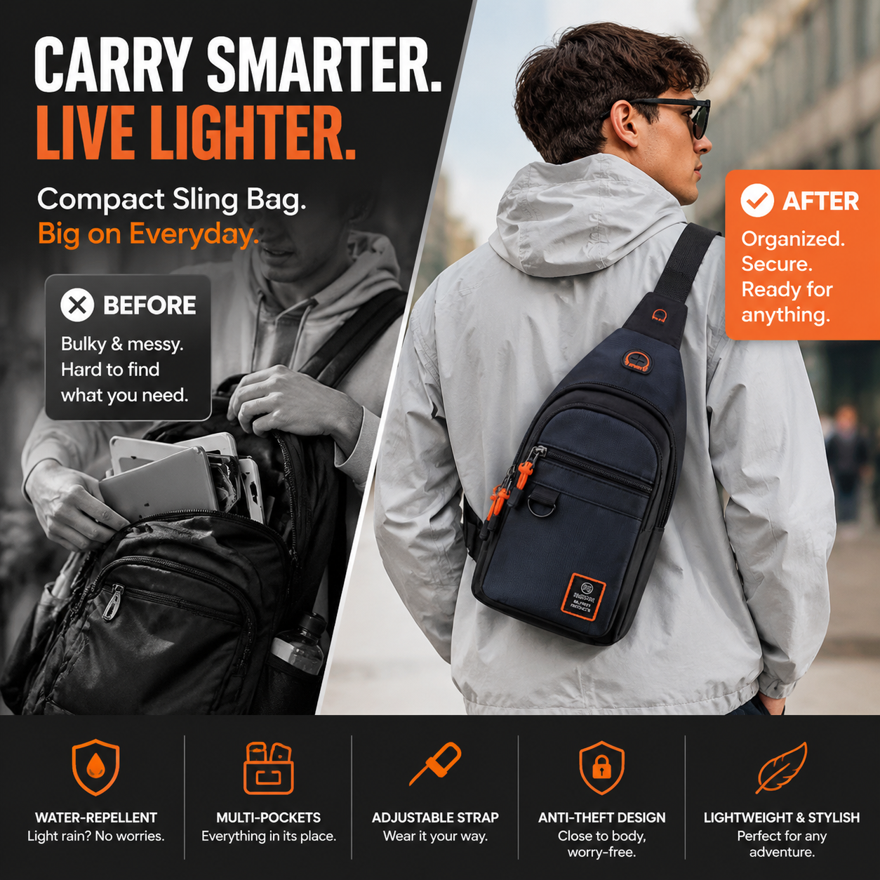 🎒✨ Waterproof Multi-pocket Crossbody Sling Bag – Organized Storage, Adjustable Strap, Headphone Jack 🌧️